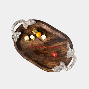 Plateau décoratif en bois naturel pour décor à la maison plateau de service de nourriture décoratif de conception de fantaisie pour avec poignée en forme de feuille pour plateau de vaisselle - Product Image 1