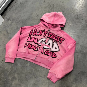 Hiver Tendance Personnalisable Sérigraphie Logo Acid Washed Heavyweight Cotton Unisex Cropped Boxy Faded Zip up Hoodie - Product Image 1