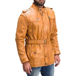 Chaquetas de cuero personalizadas, abrigos largos de cuero para hombre con bolsillos y cinturón, chaquetas bomber de cuero. - Product Image 5