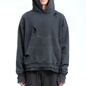 Best Selling Men's Distressed <b>Fleece</b> <b>Hoodie</b> in Custom Colors and Sizes Wholesale Breathable Solid Pattern Plain Dyed for Winter - Product Image 5