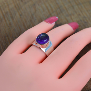 Bague en argent sterling 925 véritable améthyste Boho Hippie pour femme Grande pierre ovale pour mariage - Product Image 4