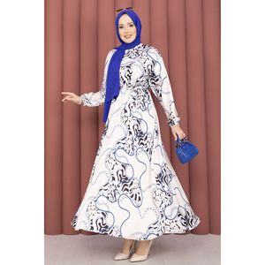 Beige-Indigo Satin Hijab Dress <b>Chain</b> Pattern <b>Belt</b> Basic Modest Elegant Style Straight Silhouette Floral Solid Pattern for Summer - Product Image 3