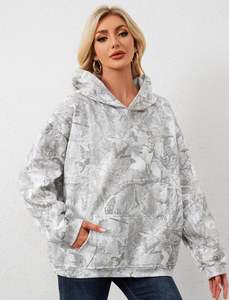 Sudadera con capucha de camuflaje para mujer, Sudadera con capucha de lana con hombros caídos de manga larga de gran tamaño, jersey con bolsillos de canguro, trajes - Product Image 4