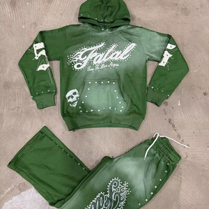 Fabricant Personnalisé Cropped Distressed Zip up Sweatsuit Rhinestone Streetwear Survêtement Baggy Flared Sweatpants and Hoodie Sets - Product Image 1