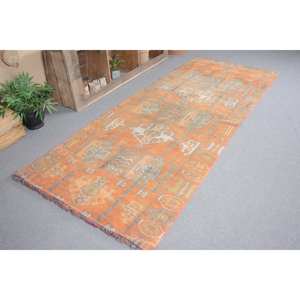Tapis Vintage Turc Bohème Orange Bleu 3.9X10 pieds Laine Grande Zone Patchwork Motif pour Couloir Chambre Latex pour Chevet - Product Image 1