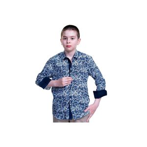 Camisa infantil detallada con cuello de manga interior estampado chal azul - Product Image 2