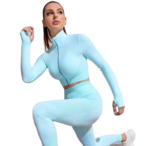 ชุดครอปเอวสูงและเลกกิ้ง2ชิ้นสำหรับเล่นโยคะยิมของผู้หญิงชุดออกกำลังกายแขนยาว - Product Image 3