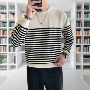 Trend Casual Autumn Winter <b>Men</b> <b>Sweaters</b> O-Neck Striped Contrast Color Korean Casual Loose Pullovers - Product Image 4