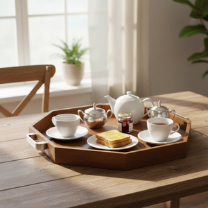 Plateau de service classique en bois antique |   Poignées en laiton de conception hexagonale |   Boisson au thé, vaisselle de table pour le petit-déjeuner - Product Image 1