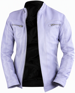 Blouson de moto en cuir véritable violet clair pour homme, col montant, fermeture éclair, coupe ajustée, couleur unie, style automne - Product Image 1