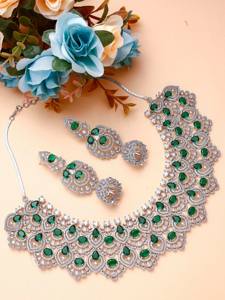 Silver Finish <b>Emerald</b> Green CZ Necklace Indian Jewelry Indian Jewelry Green Necklace Diamond Necklace Statement Jewelry Gift Her - Product Image 4