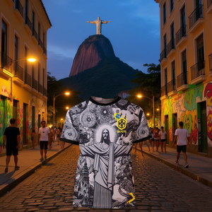 Camiseta con Diseño Inspirado en Brasil con Arte del Monumento de Río, Camiseta Urbana con Estampado Audaz para Amantes de la Cultura, Patrones Barrocos Negros - Product Image 3