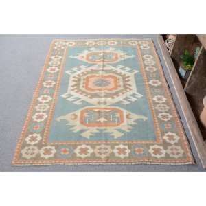 Tapis Kilim Turc Vintage 4.1X5.6 Ft Bleu Orange Patchwork Design Laine Matériau Latex pour Salon Couloir pour Adolescents - Product Image 1