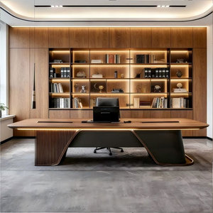 Luxury Brown <b>Solid</b> <b>Wood</b> Rectangular Executive <b>Desk</b> with Durable Frame Accent Lighting 1-Year Warranty - Product Image 2