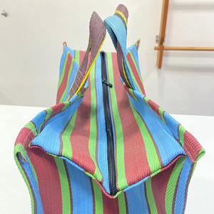 Eco-Friendly Reusable Nylon Shopping <b>Bag</b> RPET Zipper Striped Handloom Woven Recycled Plastic <b>Beach</b> <b>Bags</b> Made in India - Product Image 1