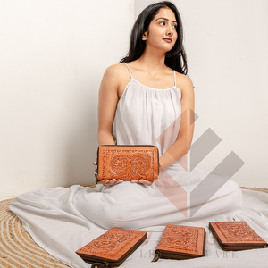 High Quality Women's Genuine Leather Purse Wallet Fashionable <b>Long</b> Design Clutch <b>Bag</b> with Open Closure and Decorative Feathers - Product Image 2