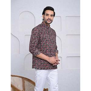 Kurta décontracté imprimé 100% coton pour hommes, chemise décontractée à motif floral pour hommes avec manches longues, tissu popeline respirant - Product Image 3