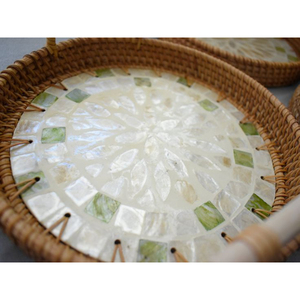 Bandeja para servir de ratán redonda ecológica, bandeja tejida elegante hecha a mano, centro de mesa de comedor de cocina bohemio multiusos - Product Image 5