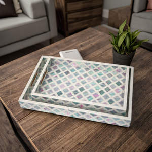 Plateau de service pliable classique blanc, design géométrique en mosaïque verte, incrustation de mosaïque, salon, décoration de coiffeuse - Product Image 3