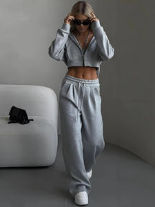 Conjunto de pantalones con capucha de tejido de algodón 100% liso de gran tamaño, chaqueta informal de manga larga con cremallera, pantalones de chándal regulares para mujer - Product Image 3