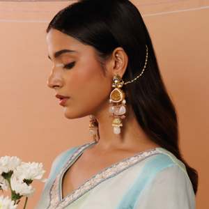 Boucles d'oreilles créoles Kundan couleur Quartz Rose à la mode bijoux de mariage plaqués or rhodium avec diamant perle en forme de fleur en laiton - Product Image 1