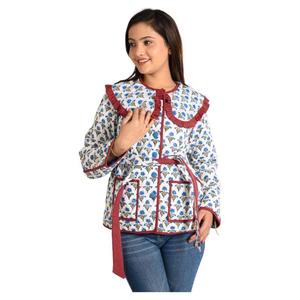 Chaqueta acolchada de algodón cuello volante diseñador mujeres chaquetas indio hecho a mano algodón bloque impreso acolchado kimono chaqueta para el invierno - Product Image 4