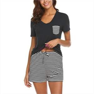 Ensemble de nuit 2 pièces en coton rayé à manches courtes pour femme - Product Image 1