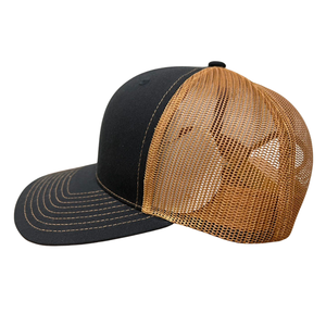 Black Camel 6 Panel Trucker Hats Línea de costura de contraste en el ala Parches de logotipo tejidos Malla transpirable Hebilla ajustable de una sola fila - Product Image 2