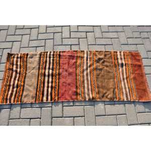 พรมสไตล์ตุรกีโบราณสไตล์ชนเผ่า1.9 x 5ft ทรงสี่เหลี่ยมผืนผ้าดีไซน์แบบเย็บปะติดปะต่อกันขนาดใหญ่ผ้าขนสัตว์ยางสีน้ำตาลส้มสำหรับโถงทางเดินห้อง - Product Image 3