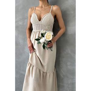 Vestido Casual al Por Mayor de Topshow, Diseño Largo con Tirantes y Cuello en V, Lino Crudo - Product Image 2