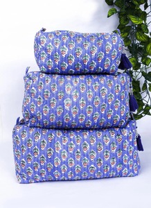 Durable Purple Floral Block Print Eco-Friendly Water Resistant Quilted Cotton Vintage Style Cosmetic Case Pouch Set for - Product Image 2