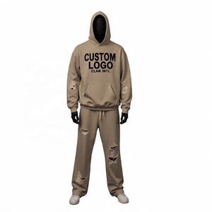 Survêtement unisexe 100% coton personnalisable Sweat à capuche zippé surdimensionné pour homme Pantalon de survêtement évasé en tricot Vêtements d'extérieur décontractés pour l'automne - Product Image 2