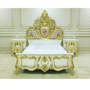 Lit classique italien de luxe avec Tables d'appoint, mobilier de chambre Royal et blanc doré, Style Empire Royal, lit Queen Size