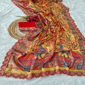 Sari Dola Banarasi de Uso Ocasional con Estampado Digital y Bordado de Lentejuelas, Moda Femenina, Fabricante de la India - Product Image 1