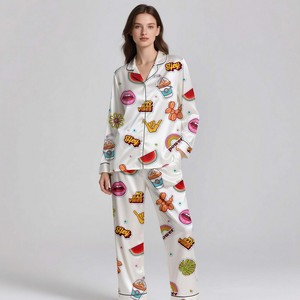 Custom Luxury Digital Print 100% Silk Satin Adult Pajama Set Soft <b>Summer</b> Breathable Elastic Waistband Sleepwear - Product Image 3