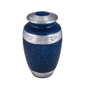 Urna Conmemorativa Decorativa Azul y Plateada con Banda Floral Grabada para un Tributo Clásico en el Hogar - Product Image 1