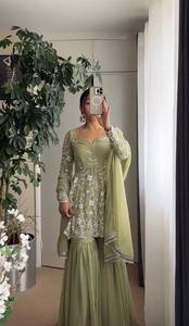 Heavy Designer Wedding Party Wear Faux Georgette Heavy Chine Sequence Stitch Top de trabajo y Sharara con encaje de lujo Dupatta - Product Image 4