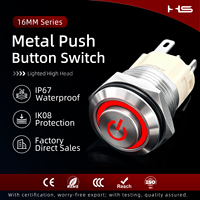 Sakelar Tombol Tekan Elektronik Baja Tahan Karat HS 16mm IP67 Tahan Air dengan Simbol Daya LED Cincin Kepala Terangkat, Momentary Latching 5A