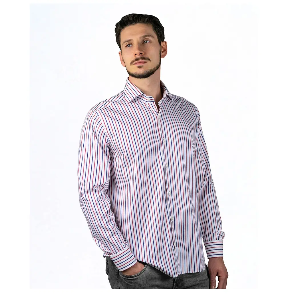 Made in Italyの伝統的な輸出に続く100% 高品質のポプリンコットンレッドストライプのメンズシャツ