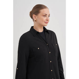 <b>Black</b> <b>Dress</b> <b>with</b> Comfortable Epaulet <b>Button</b> Detail - Product Image 4