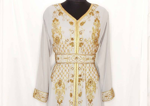 Moderno marroquí gris Kaftan SunProof bordado Hijab cuello alto manga completa modesto vestido islámico Georgette tela ODM - Product Image 2