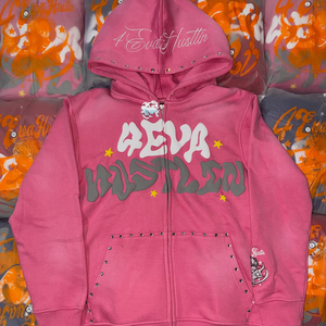 Ventes en gros de sweats à capuche pour femmes, vêtements de rue d'hiver, personnalisés, en coton délavé au soleil, doublés de polaire, imprimés, avec pierres précieuses en cristal, fermeture éclair - Product Image 1