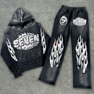 Best Selling Winter Hooded Solid Tracksuits Custom Sun Faded Acid Wash Puff Sweatsuit <b>Set</b> for Men <b>Women</b> Matching Hoodie <b>Jogger</b> - Product Image 1