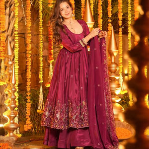 Designer Polyester Bollywood Anarkali Palazzo Set Thread <b>Sequin</b> Work <b>Flared</b> Silhouette Matching Dupatta Salwar Kameez - Product Image 1