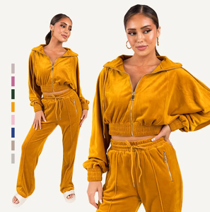 Custom Autumn Winter <b>Women's</b> <b>Velour</b> <b>Tracksuit</b> Set Long Sleeve Yellow Sweatpants With Zip Ladies' Wholesale Velvet Joggers - Product Image 1