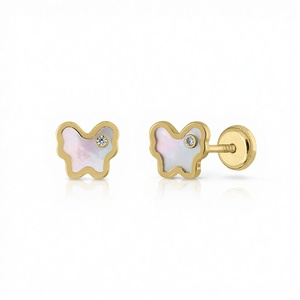 Boucles d'oreilles classiques en or massif 9K avec zircon (disponibles en 10K-14K-18K) – Papillon MOP pour femmes et enfants, à clip ou à visser - Product Image 1
