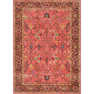 พรมขนสัตว์ผสมวิสโคสทอมือ Kasbah ลายดอกไม้สีแดงส้ม ลายทางคลาสสิก สำหรับบ้าน ห้องโถง รูปทรงสี่เหลี่ยมผืนผ้า-Top-1509(Cs-01) - Product Image 1