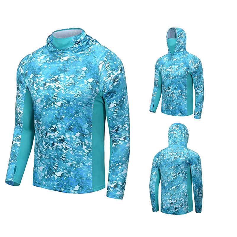 OEM Men's UPF50+ Camo Fishing Sports Hoodie Long Sleeve Quick Dry Breathable Shirt Waterproof Mask Plus Size for Windproof