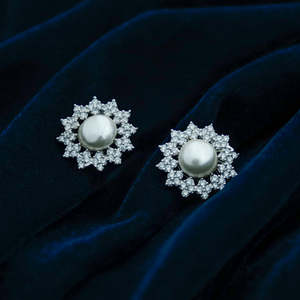 NOVAMART Fine Floral Pearl AD 18K Gold Plated Earrings Pure <b>Silver</b> <b>Stud</b> and Drop with Diamond Shell for Weddings Wholesale Expor - Product Image 1