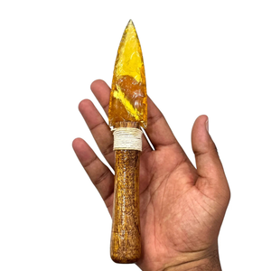 Cuchillo de cristal Cuchillo de obsidiana amarillo con mango de madera | Hoja de cristal hecha a mano, cuchillo de punta de lanza de piedras preciosas Decoración ritual única - Product Image 4